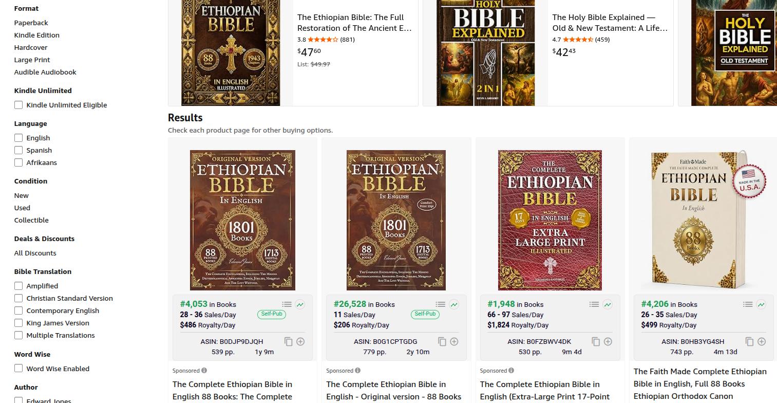 Amazon search results for Ethiopian Bible editions, BookBeam estimates visible.