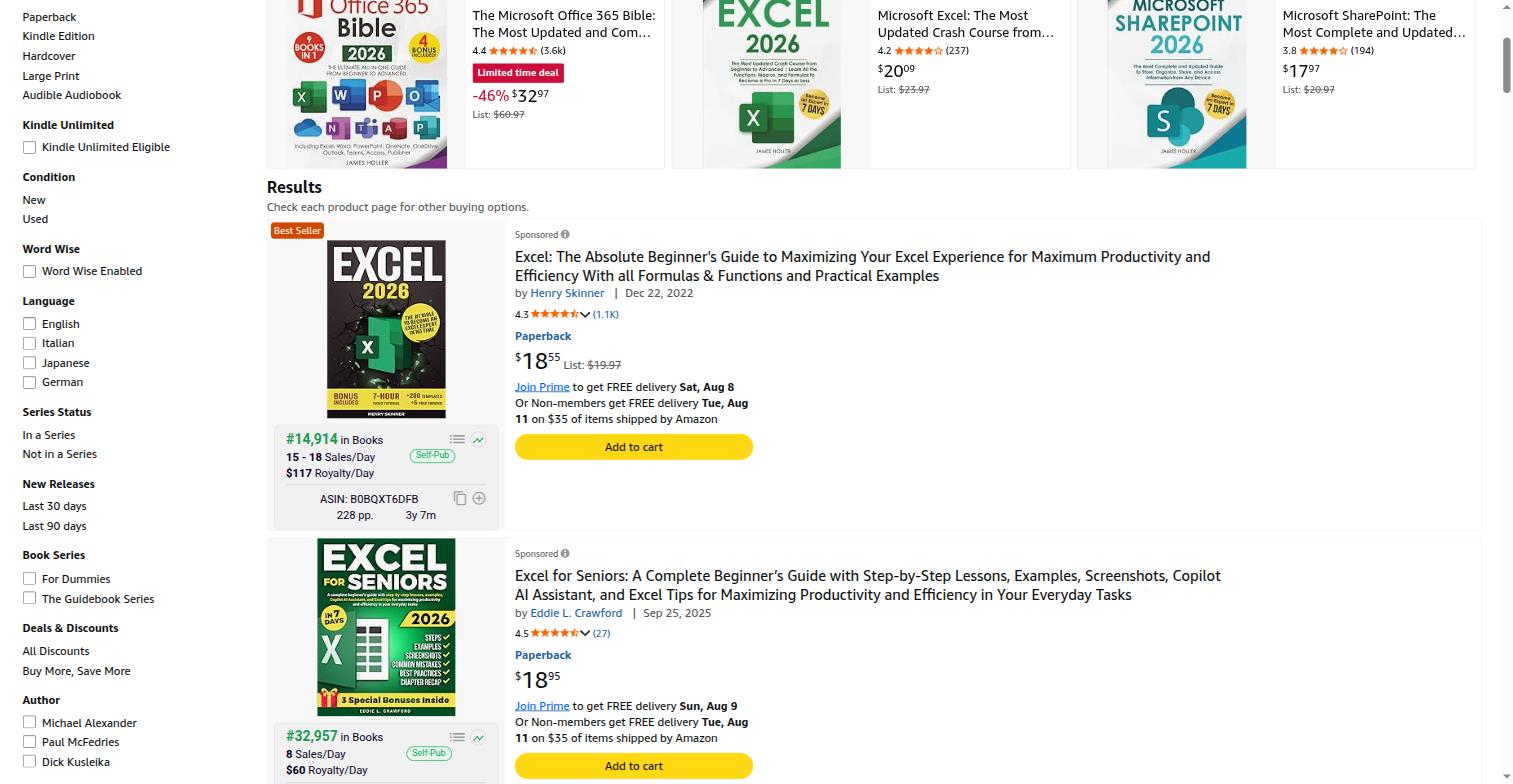 Amazon search results for Excel guides, BookBeam estimates visible.
