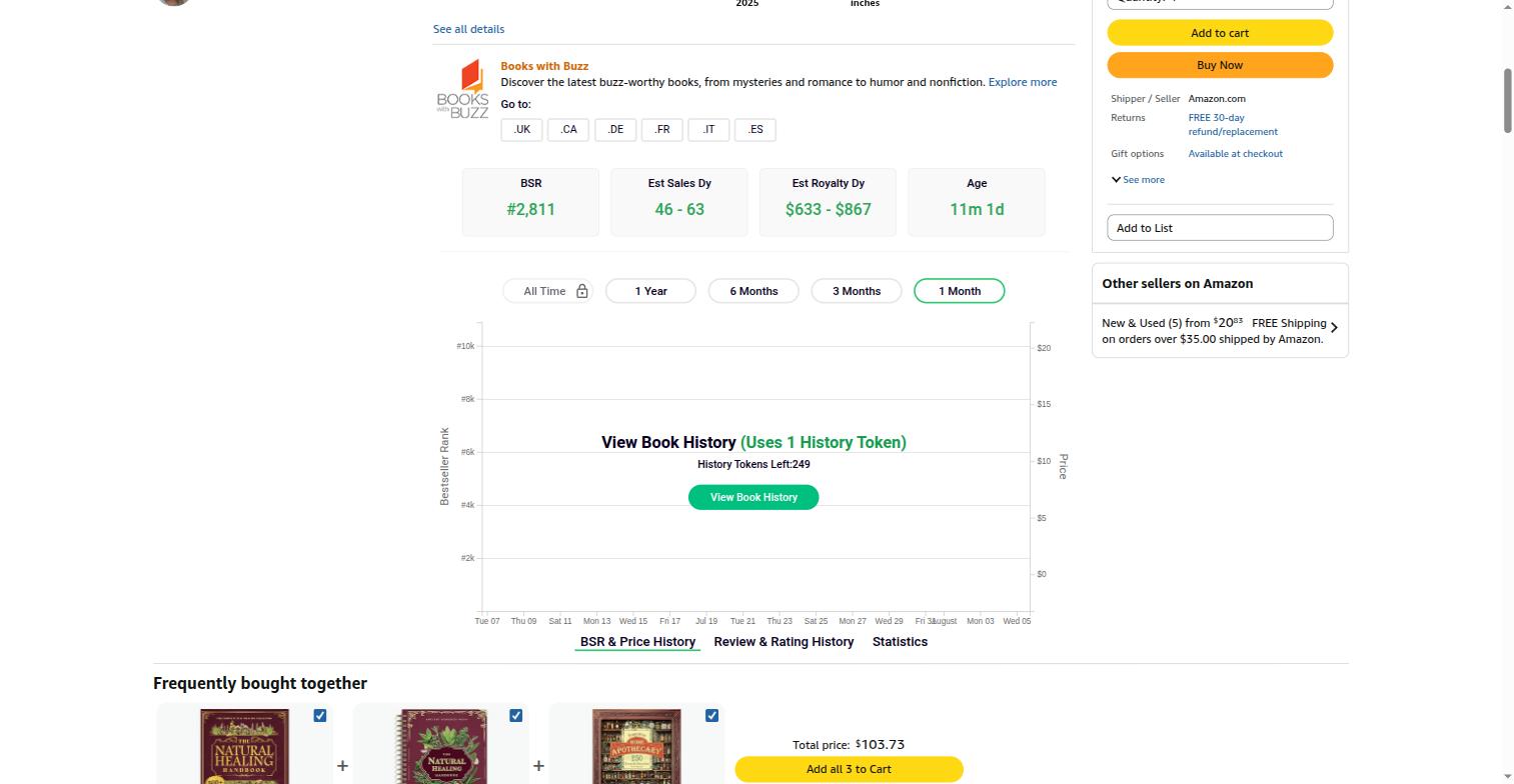 Amazon listing for a herbal remedies handbook, with BookBeam's royalty estimate visible.