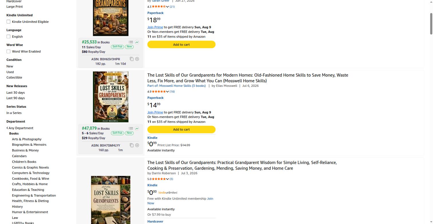 Amazon search results for books about traditional skills, BookBeam estimates visible.