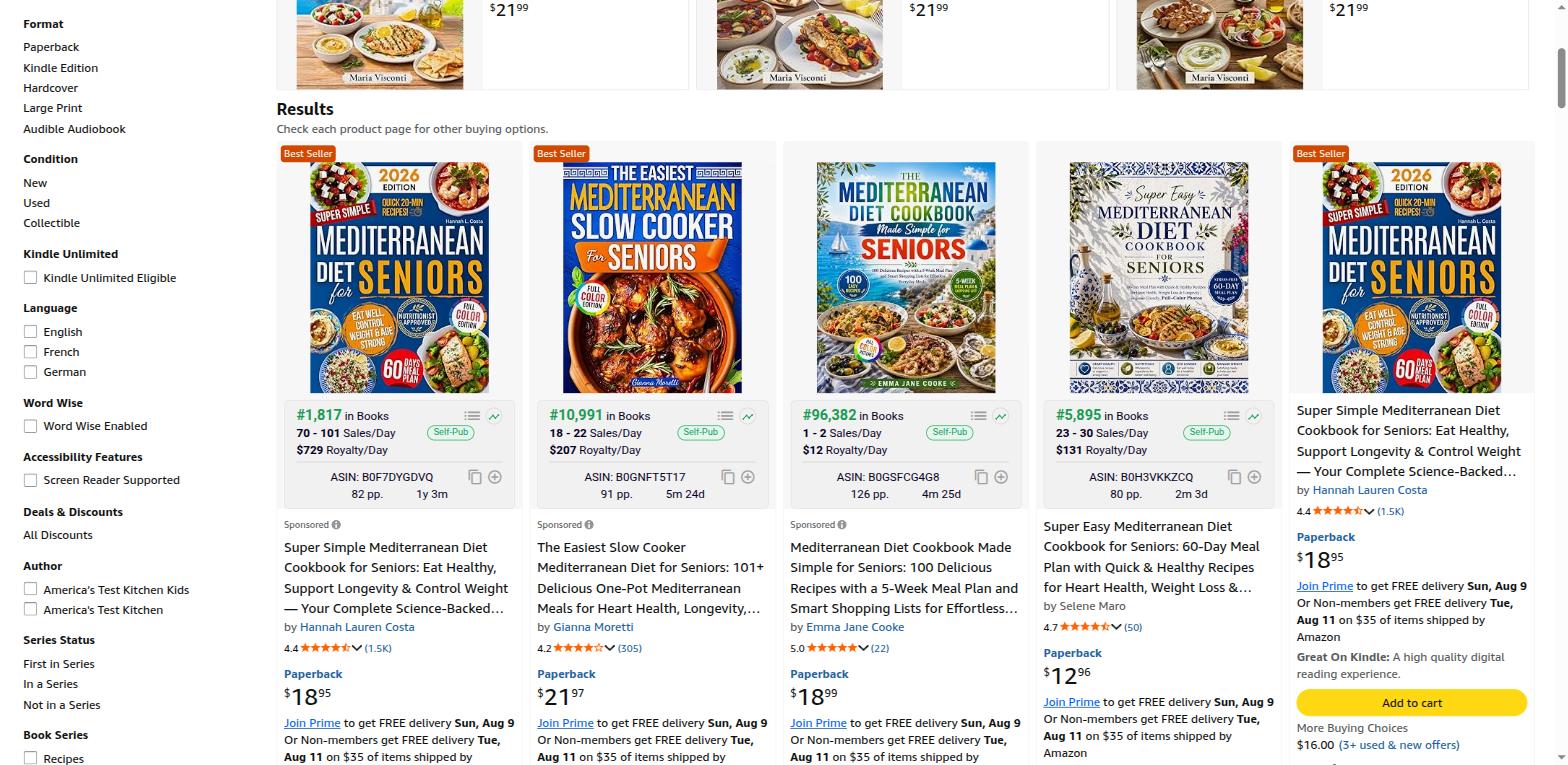 Amazon search results for Mediterranean diet cookbooks for seniors, BookBeam estimates visible.