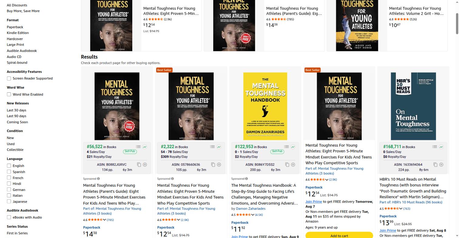 Amazon search results for mental toughness books showing widely varying BookBeam estimates on one shelf.