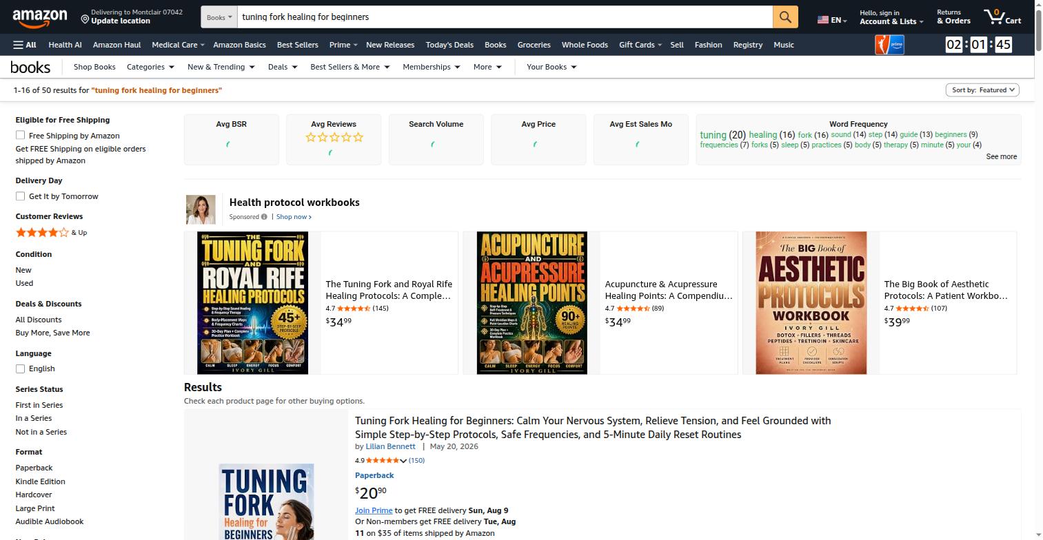 Amazon search results for tuning-fork healing books, with BookBeam's word-frequency panel visible.