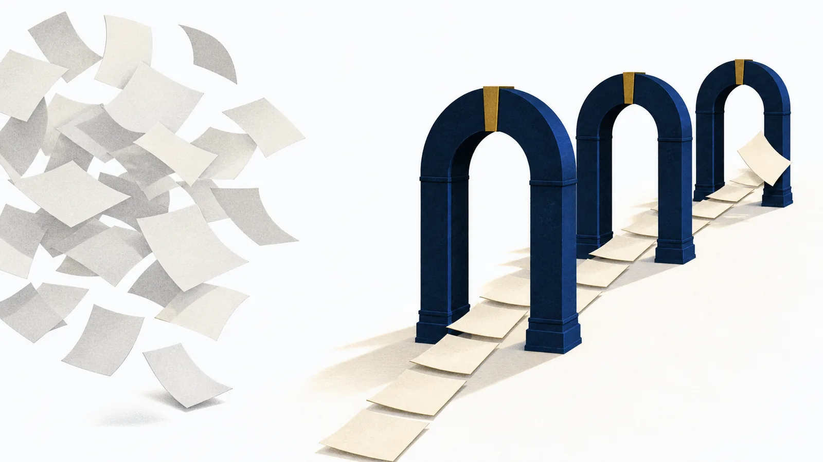 Illustration: on the left, blank grey pages tumble loose in disarray; on the right the same pages, now cream, travel in a straight line through three navy stone archways with gold keystones, and at the third archway one page is turning back instead of passing through.
