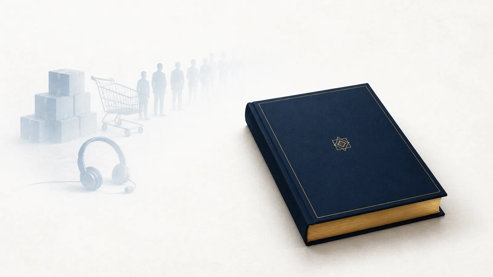 Illustration: a navy hardback book with gilded page edges rests in warm light, while behind it a stack of shipping cartons, a shopping trolley, a queue of faceless silhouettes and a support headset fade away into pale mist.