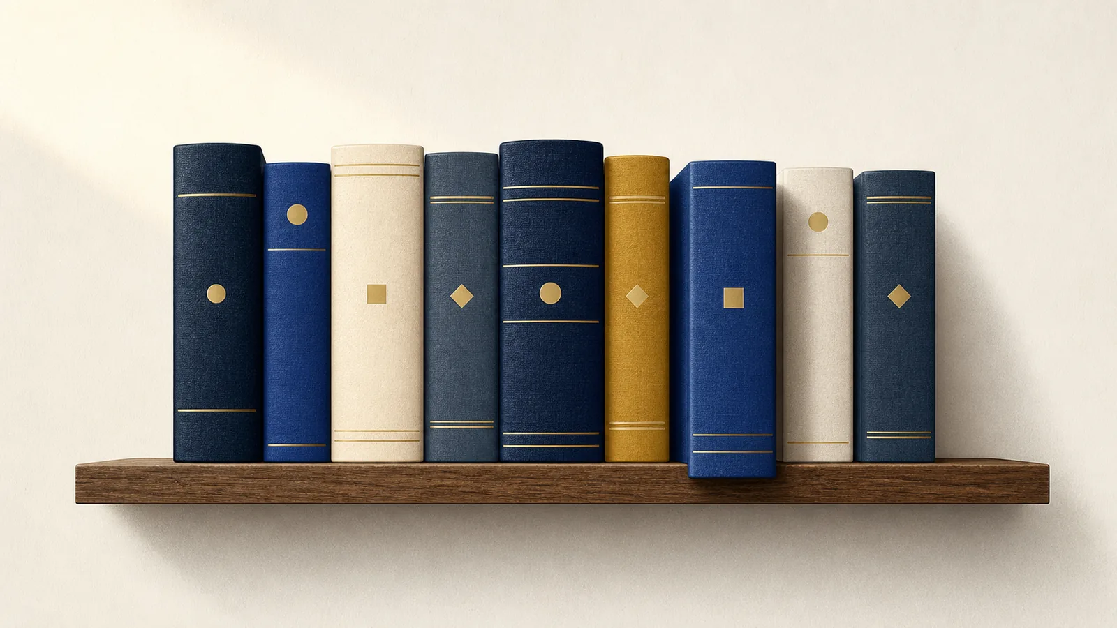 Illustration: nine hardback books stand shoulder to shoulder on a single wooden shelf, their spines in navy, blue, cream and gold, each marked only with thin gold rules and a small abstract shape, one volume eased slightly forward from the row.